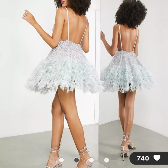 NWT ASOS Size 4 US Sequin Cami Mini Dress with Faux Feather Hem in Ice Blue - Picture 3 of 15